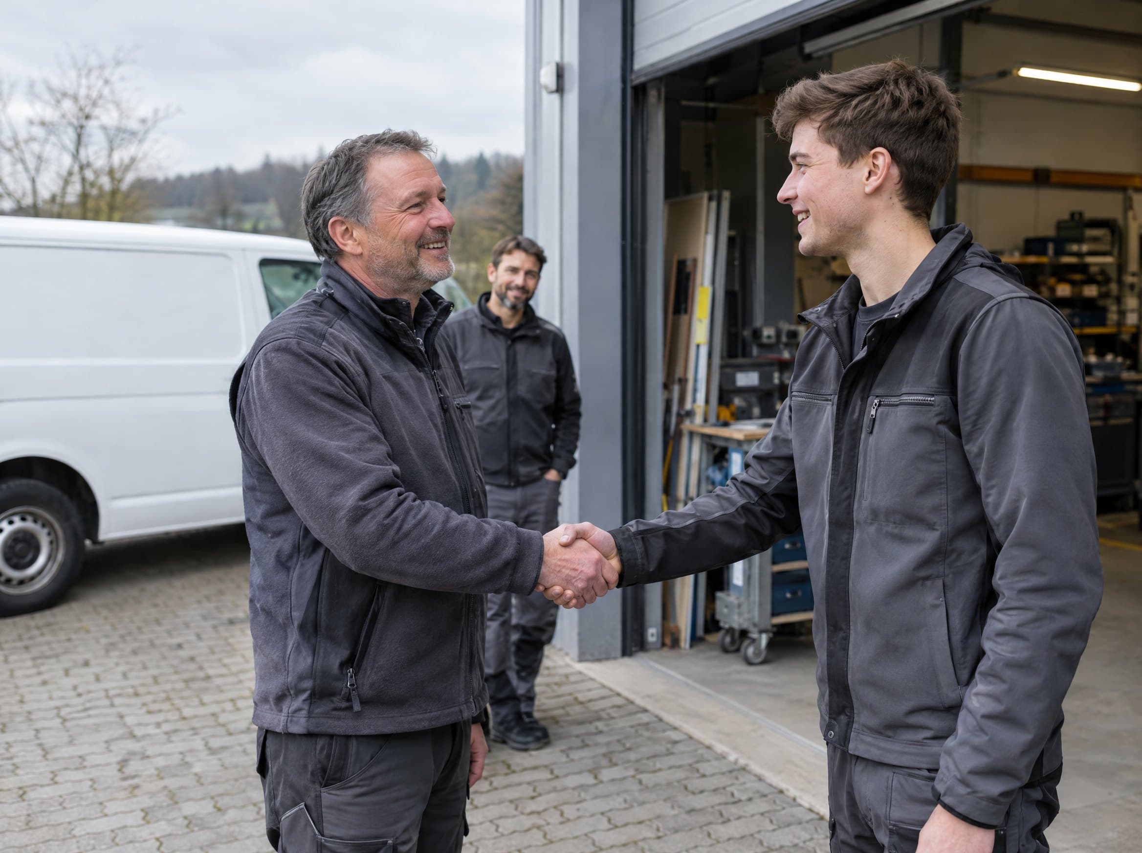 Inhaber eines Handwerksbetriebs begrüßt einen neuen Mitarbeiter mit Handschlag vor der Werkstatt.