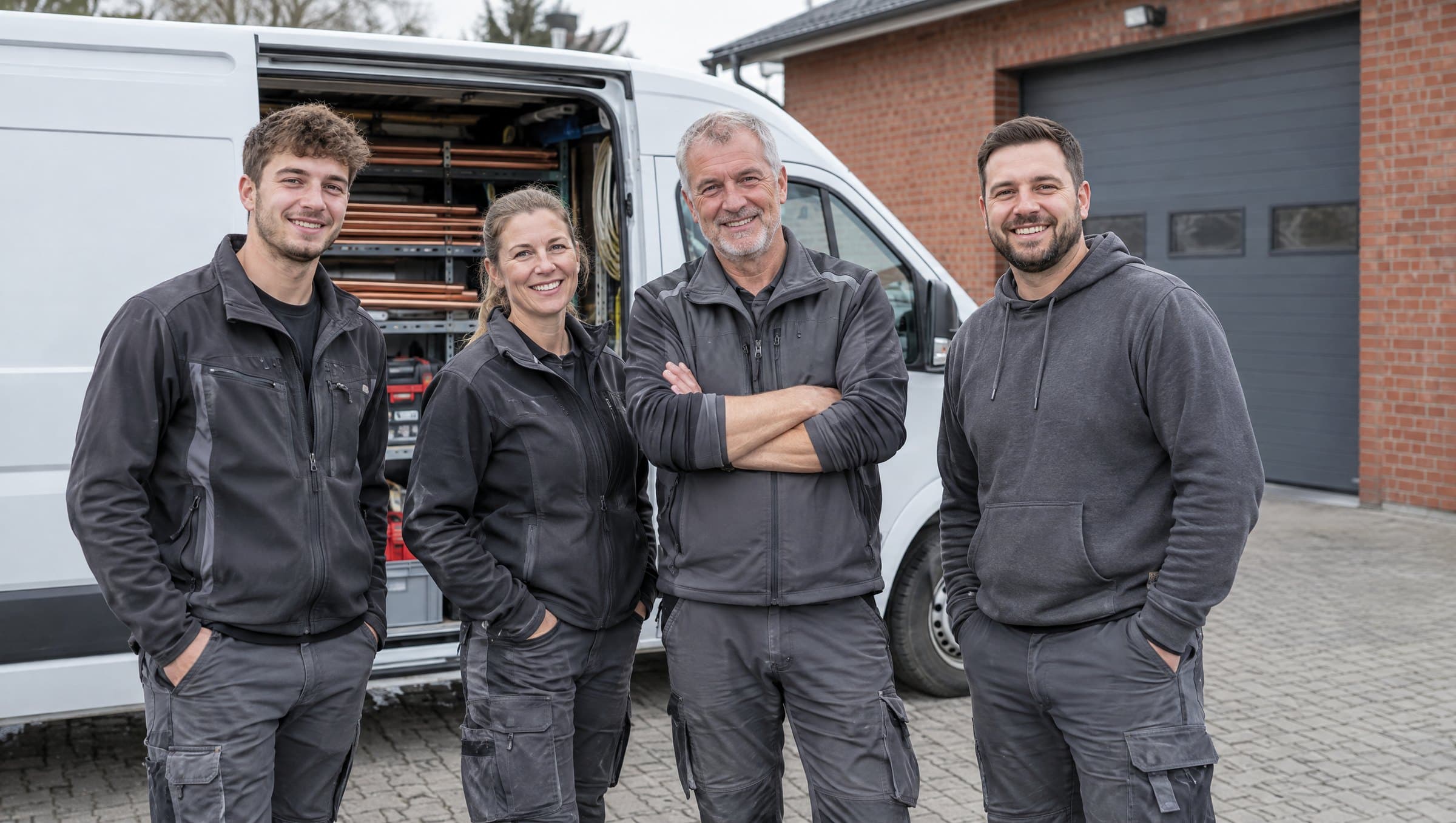 Vier Mitarbeiter eines SHK-Betriebs stehen vor ihrem Firmenwagen auf dem Hof der Werkstatt.