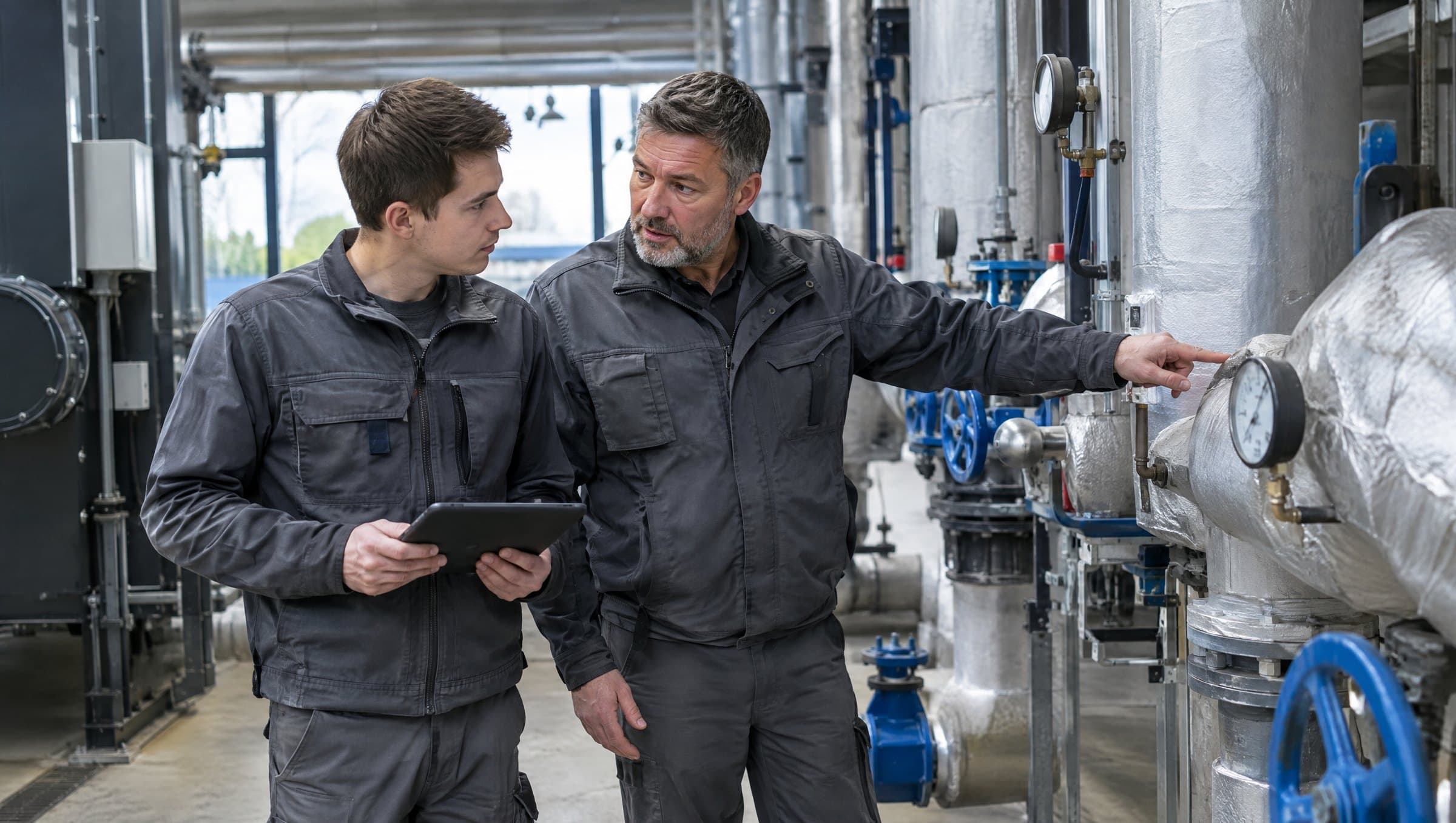 Zwei Techniker besprechen die Rohrleitungen in einer Technikzentrale.