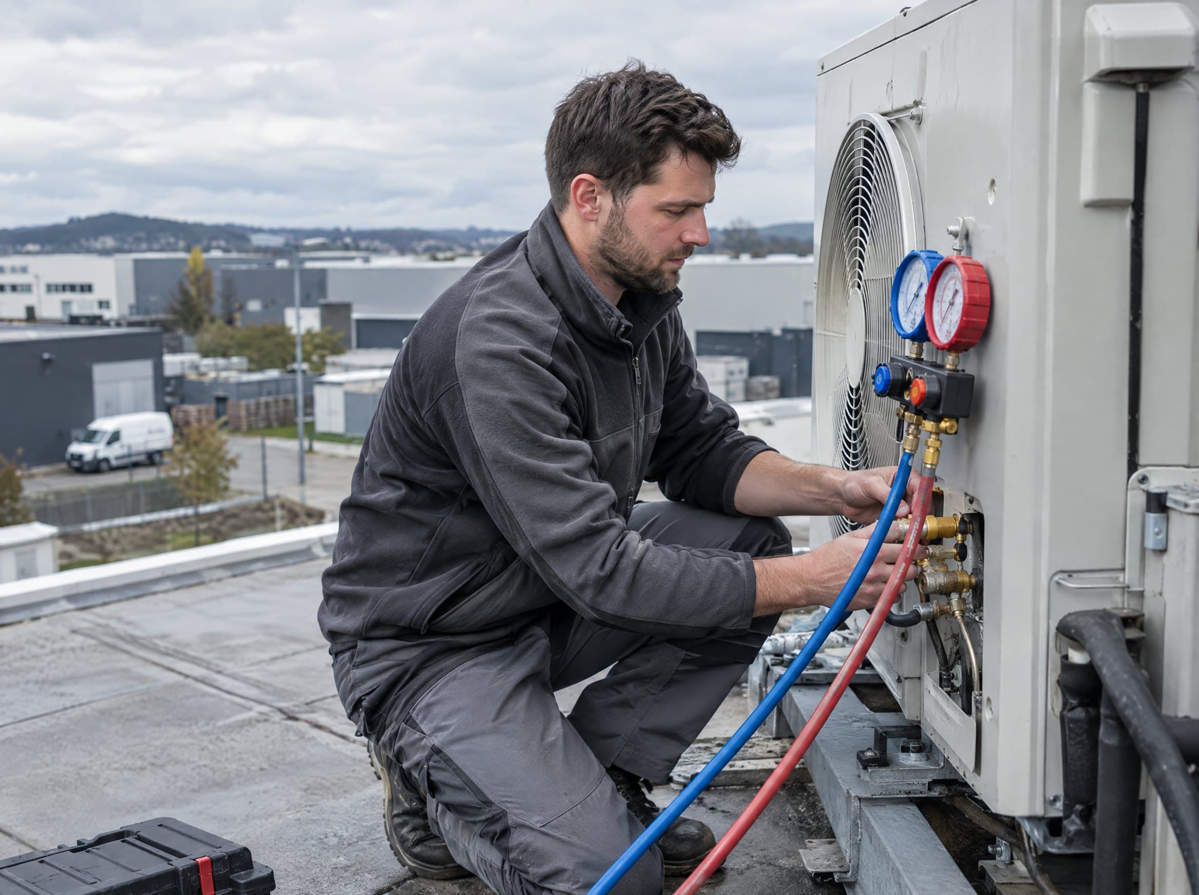 Kältetechniker prüft mit Monteurhilfe eine Klimaanlage auf einem Flachdach.