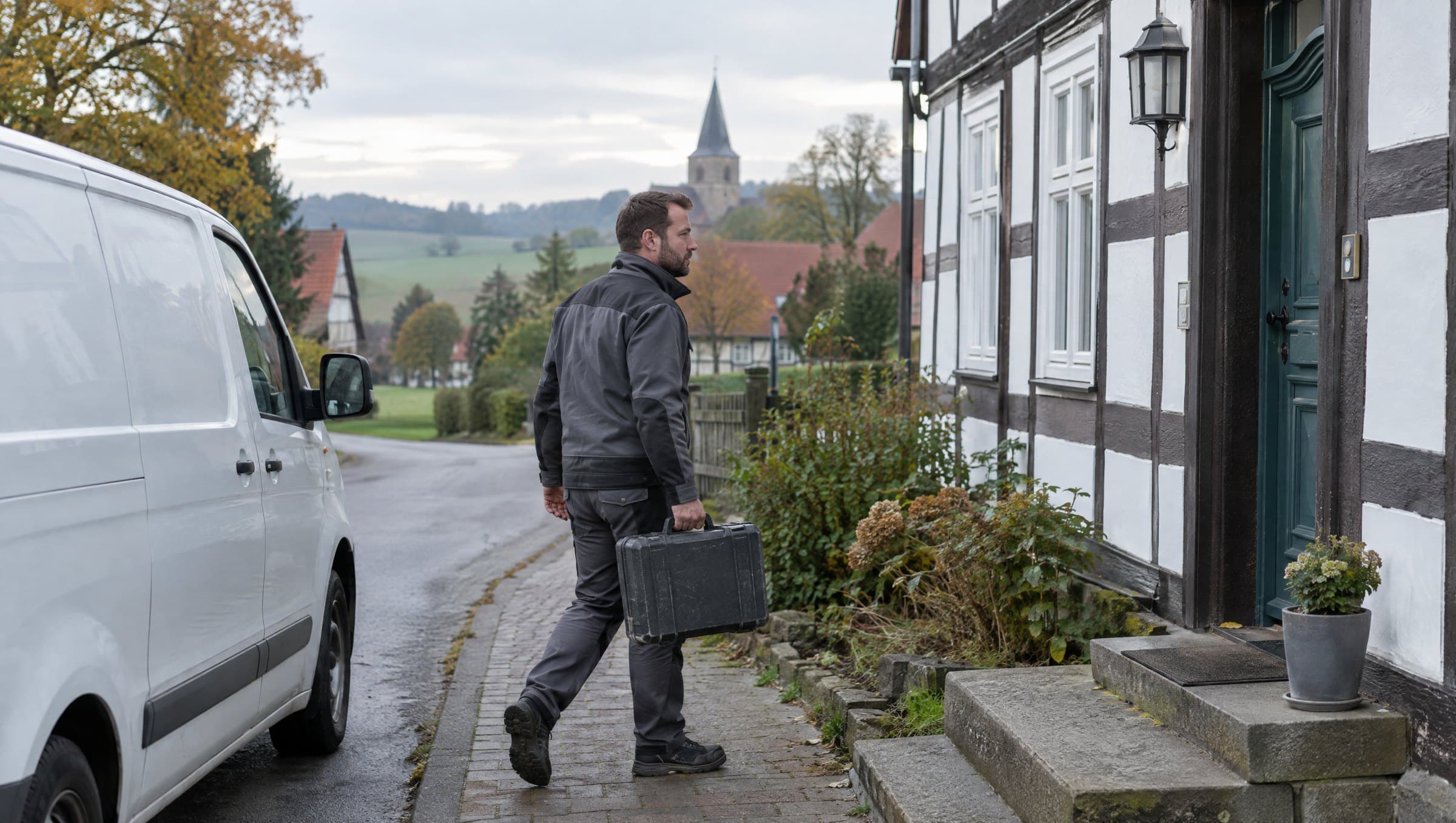 Handwerker geht mit Werkzeugkoffer vom Firmenwagen zu einem Fachwerkhaus im Dorf.