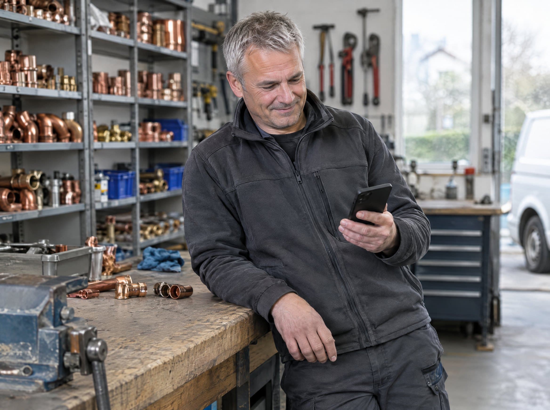 Handwerksmeister liest in seiner Werkstatt eine Nachricht auf dem Handy.