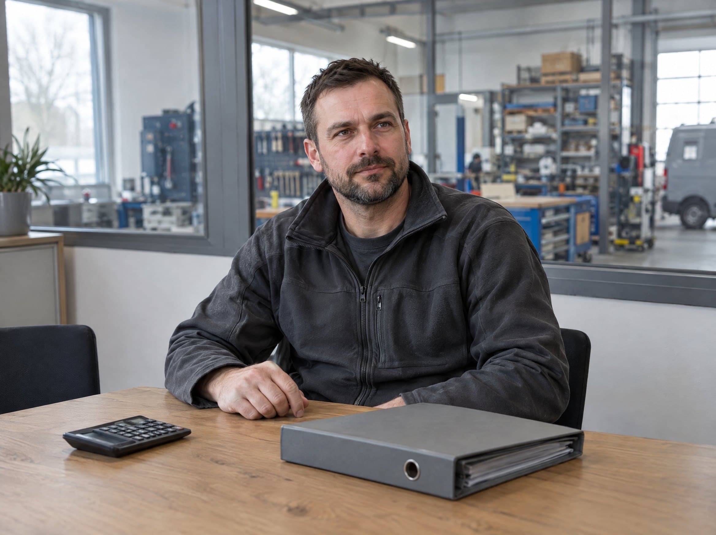 Inhaber eines Handwerksbetriebs sitzt mit Taschenrechner und Ordner am Besprechungstisch, hinter ihm das Fenster zur Werkstatt.