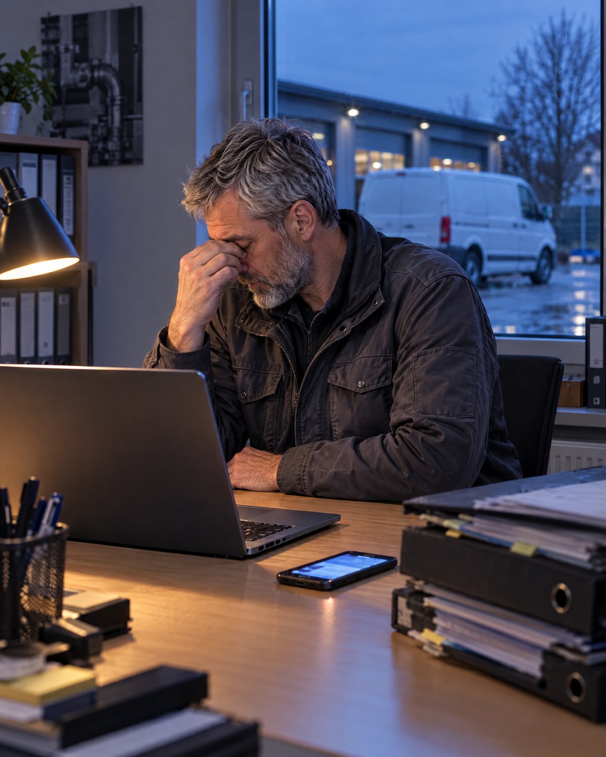 Der Meister sitzt abends im Büro, reibt sich die Augen. Vor ihm ein Laptop und ein Handy, draußen steht der Transporter auf dem Hof.