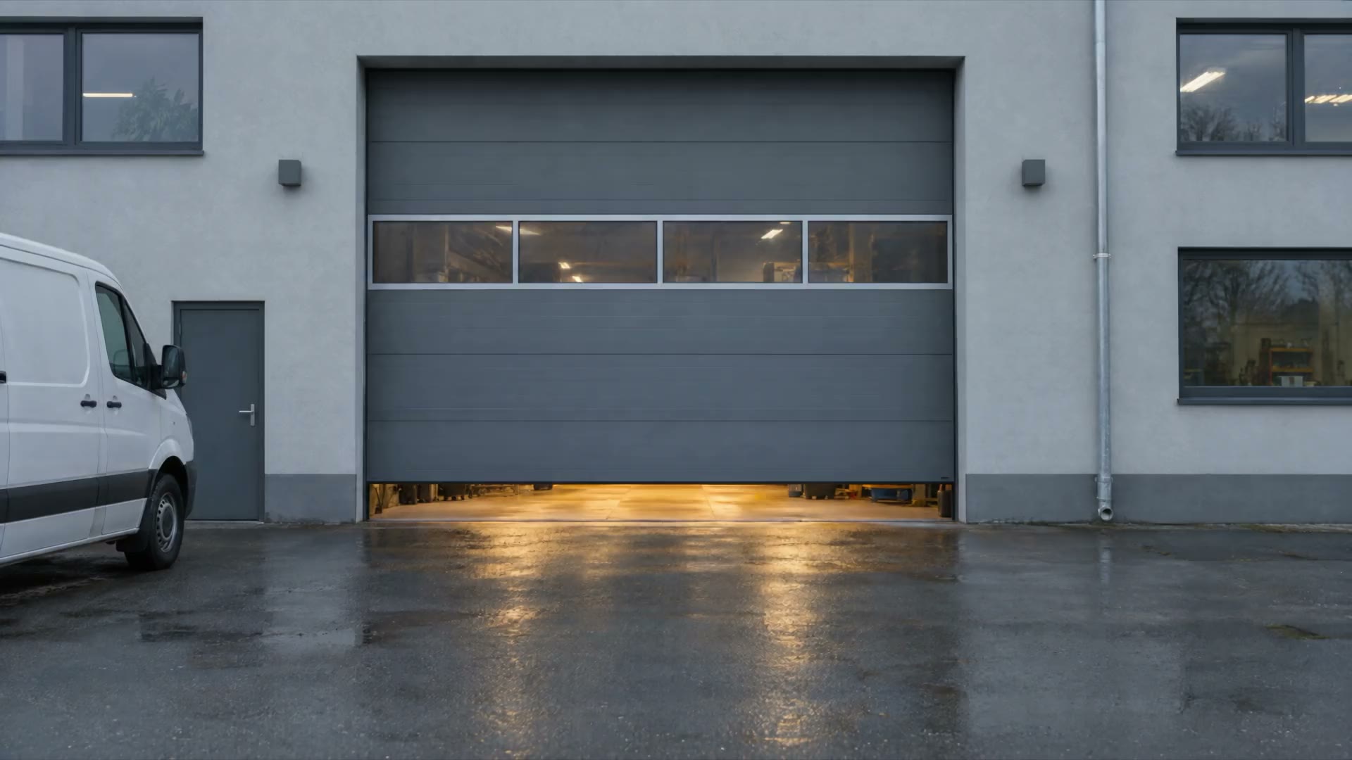 Das graue Hallentor eines Handwerksbetriebs, am Boden ein Spalt mit warmem Licht.