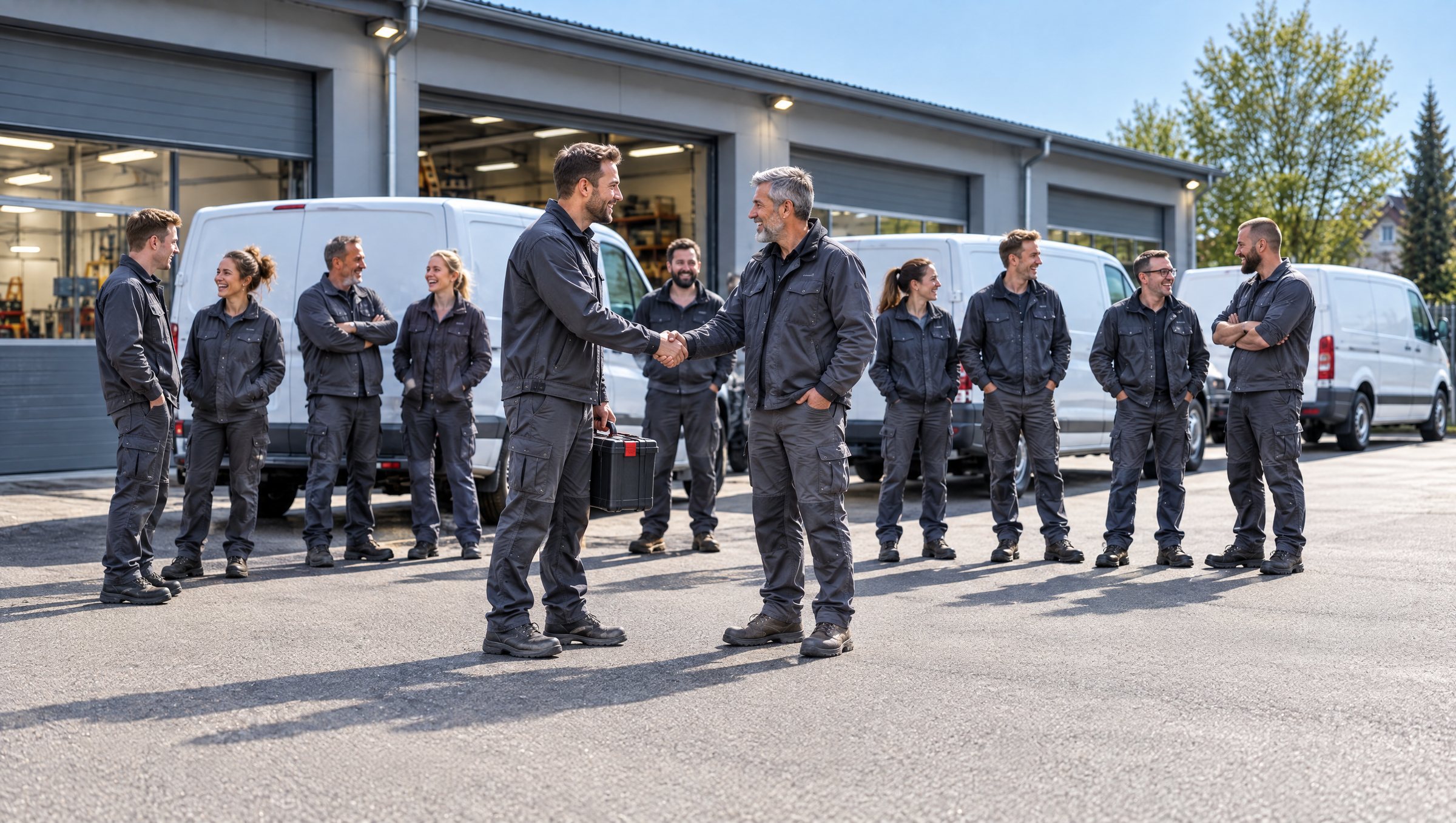 Derselbe Hof an einem sonnigen Morgen. Der Meister begrüßt einen neuen Kollegen mit Handschlag, das Team steht lachend zwischen den Transportern.